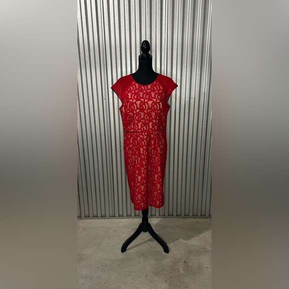 Adrianna Papell Dresses & Skirts - Womens Adrianna Papell Red Nylon Geometric Designer Cap Sleeve Midi Dress 14